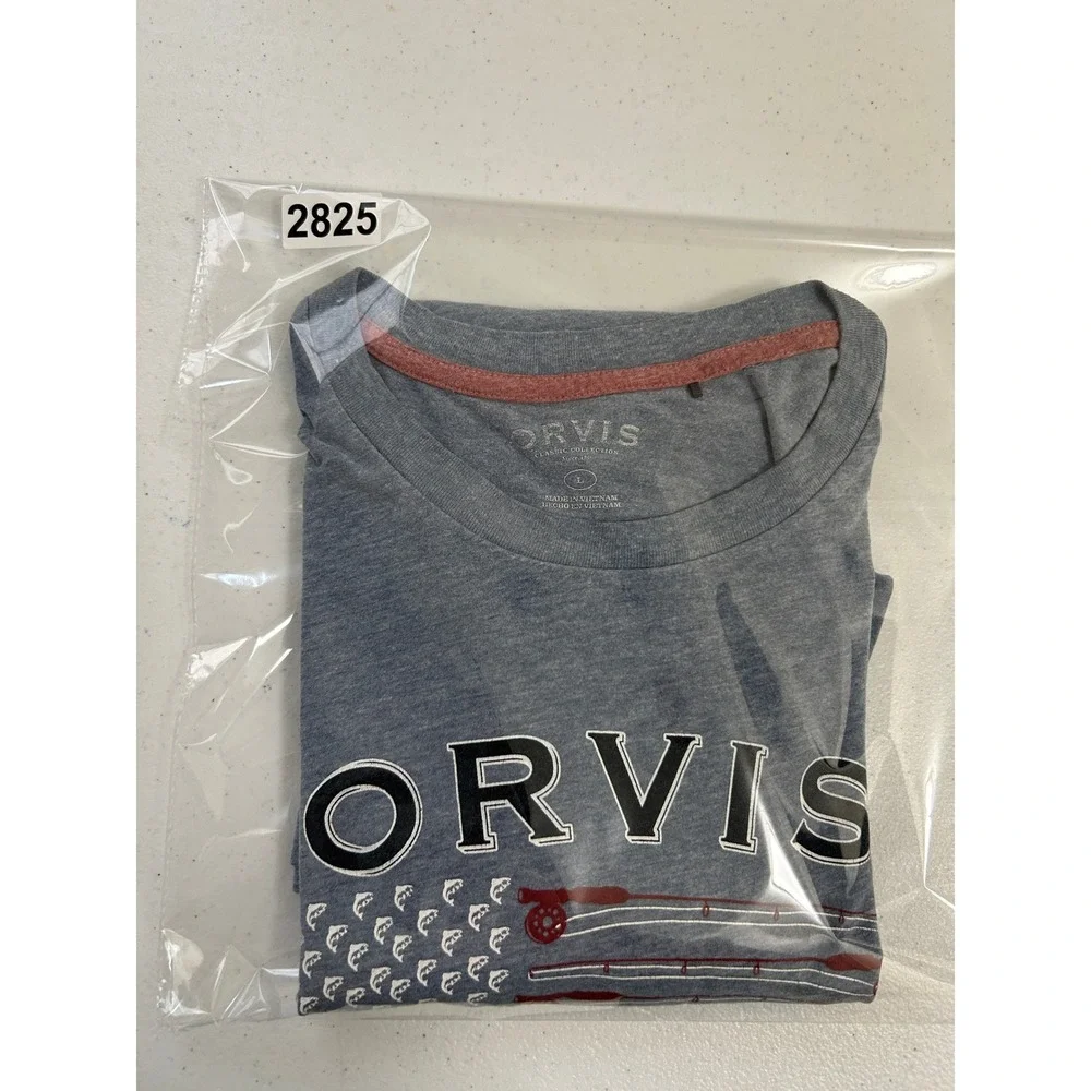 Orvis Mens Graphic‎ T-Shirt Blue Heather American Flag Fishing Rods Large